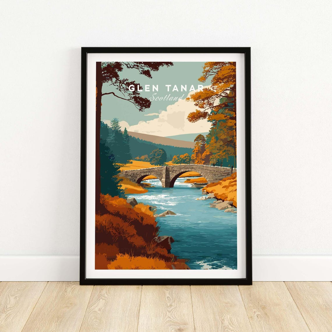 Glen Tanar Scotland Stone Bridge Autumn River Illustration Poster