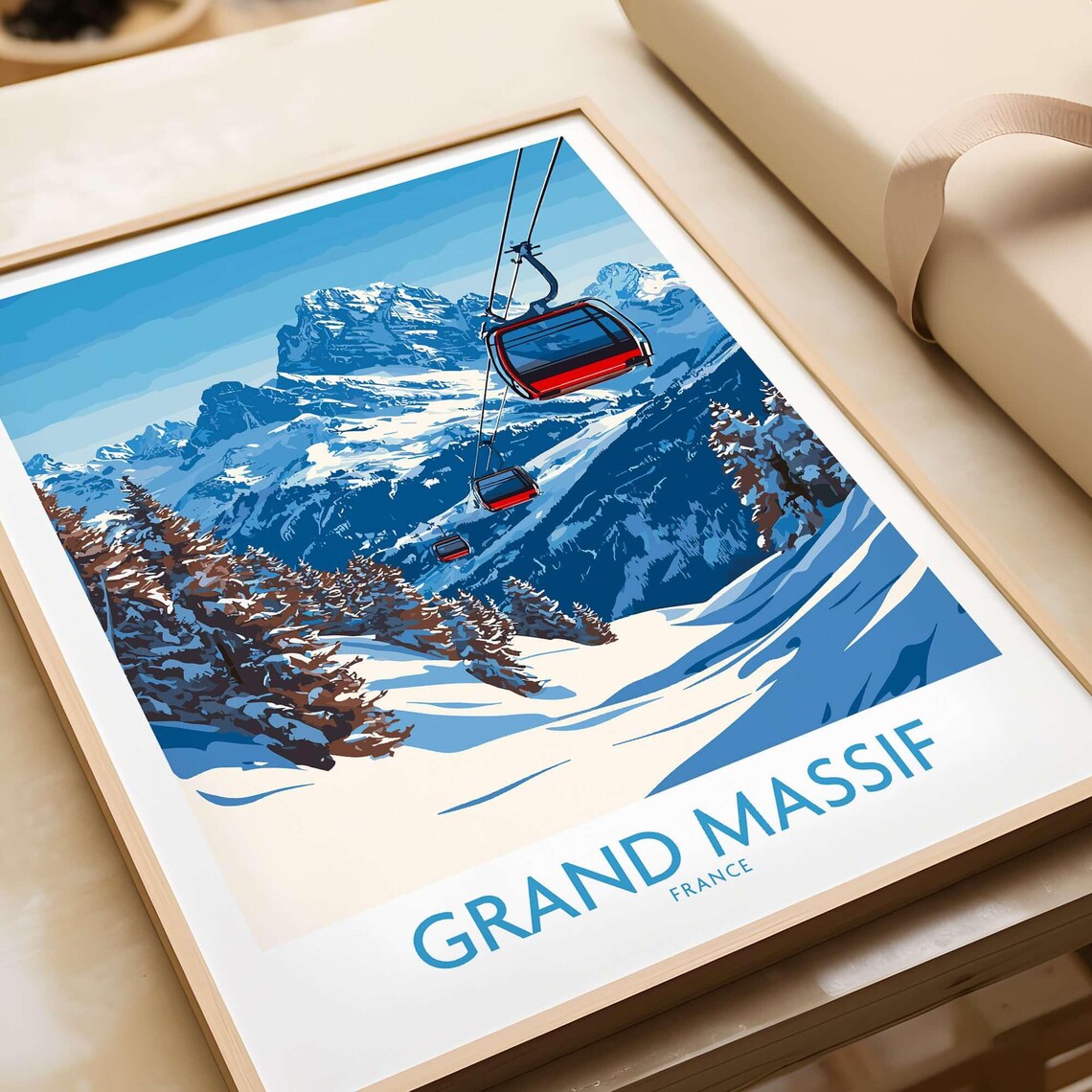 Grand Massif France Gondola Square Format Snow Scene Travel Poster