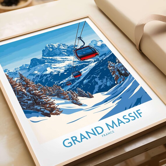 Grand Massif France Gondola Square Format Snow Scene Travel Poster