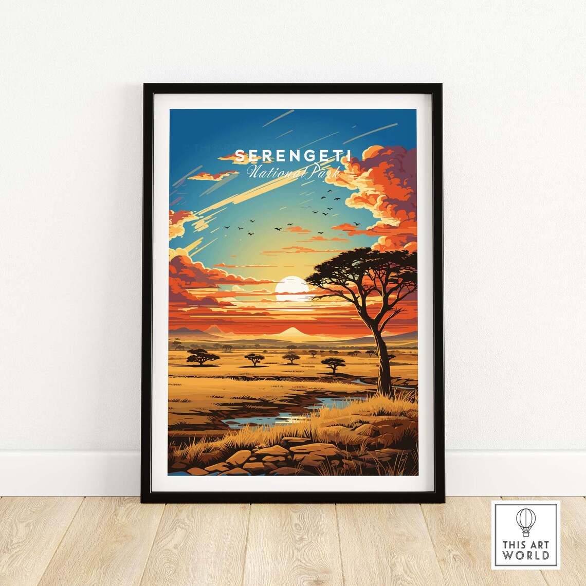 Serengeti National Park Acacia Sunset Golden Savanna Art Poster