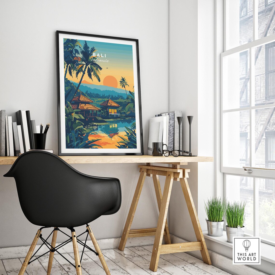 Bali Indonesia Sunset Temple Lake Reflection Palm Art Poster - Image 4