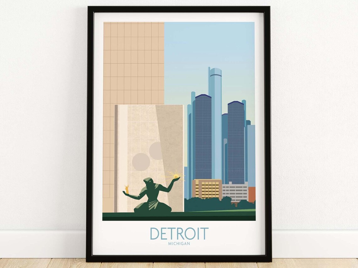 Detroit Michigan Downtown Skyline Spirit Statue Urban Landmark Poster
