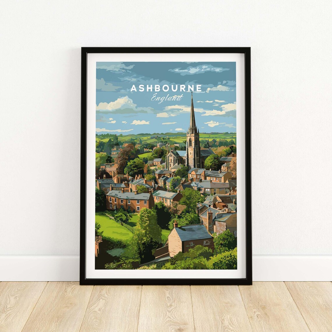 Ashbourne England Market Town Church Spire Bright Daytime Poster