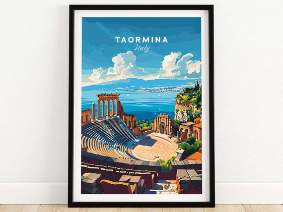 Taormina Travel Print Sicily Italy Poster Artwork Gift Home Decor Illustration Art Lover