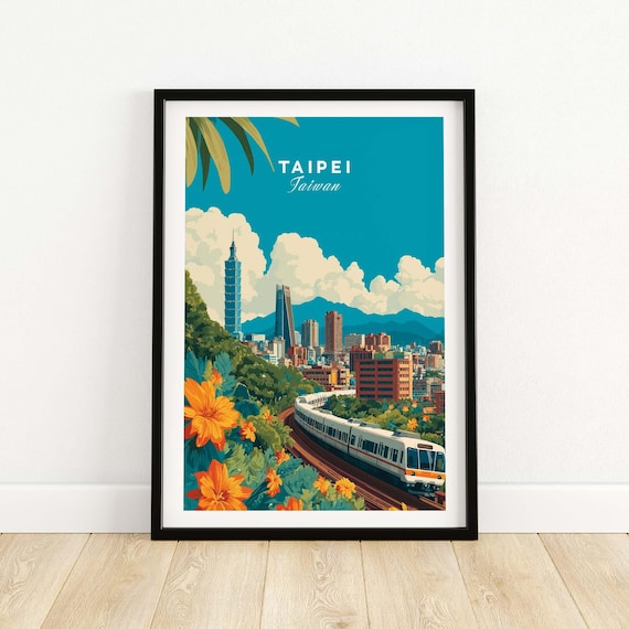 Taipei 101 Taiwan Skyline Teal Tones Train Sculpted Clouds Poster