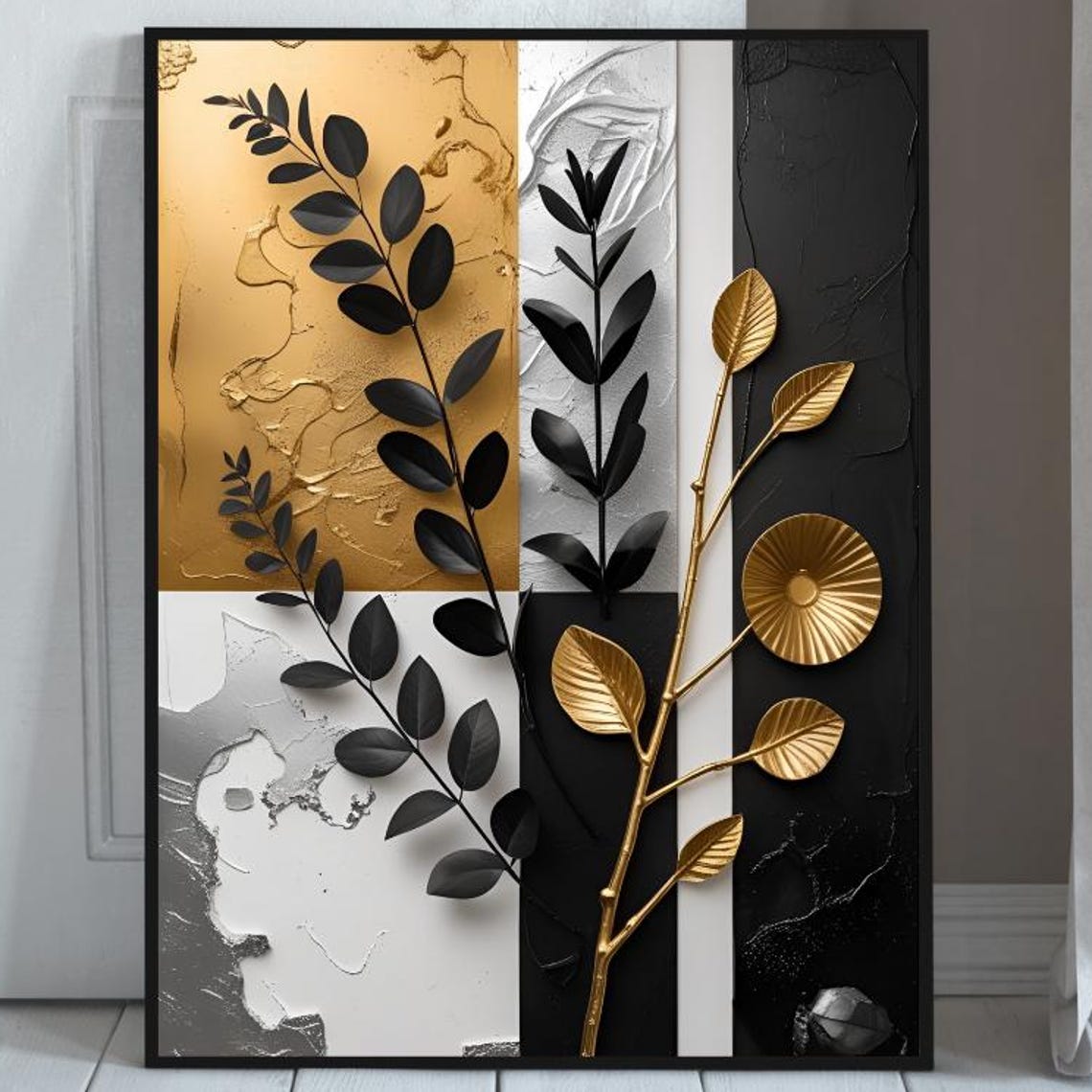 Golden Black White Branch Botanical Geometric Abstract Art Poster
