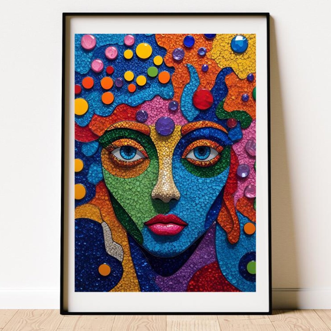 Jewel Dot Woman Face Blue Green Colourful Mosaic Portrait Poster