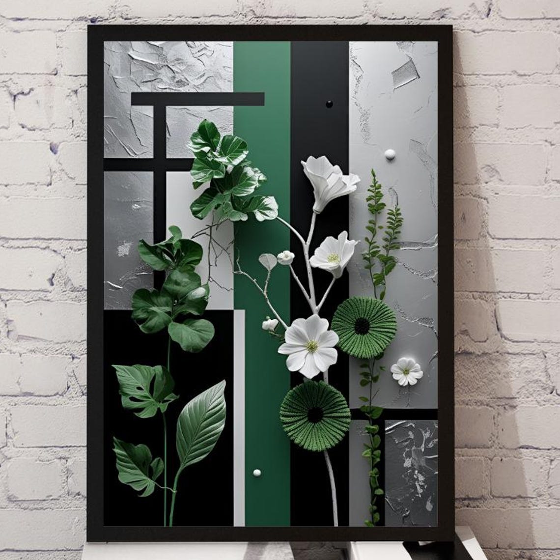 Emerald Green White Floral Geometric Mid Century Modern Art Poster
