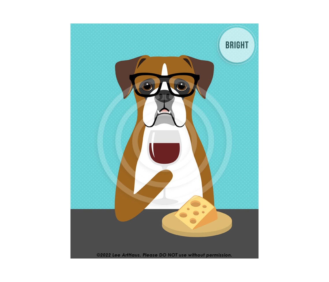Boxer Dog Drinking Red Wine With Cheese Nerdy Glasses Wall Art Poster - Image 2