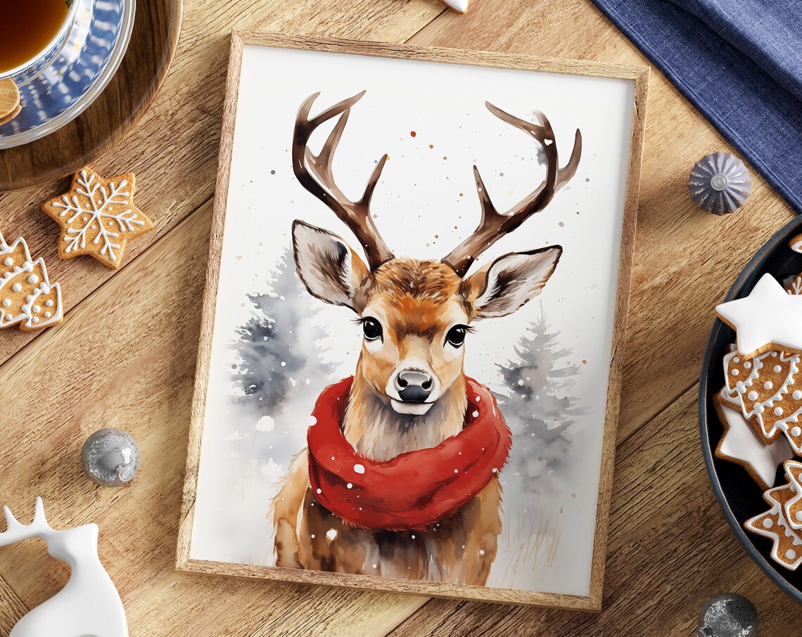 Cute Deer in Red Scarf Watercolor Winter Animal Nursery Poster