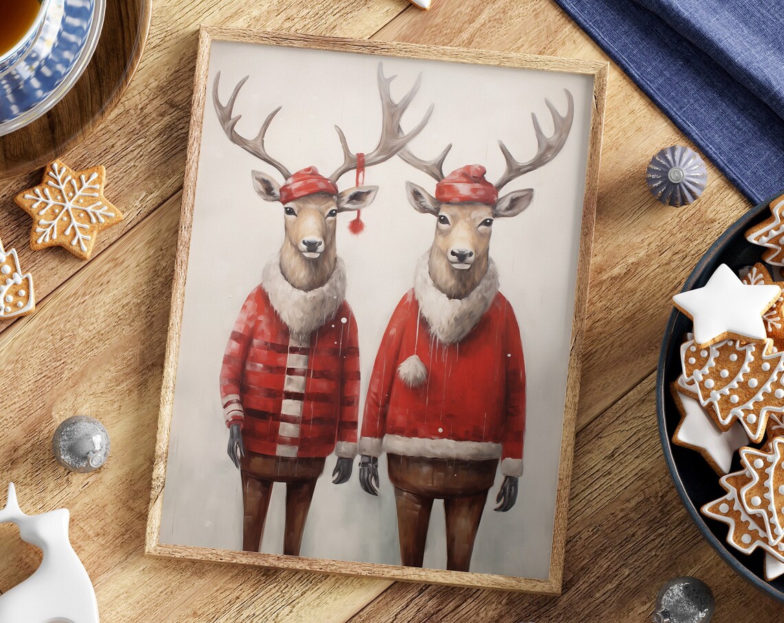 Reindeer Pair in Red Santa Coats Cute Christmas Animal Poster