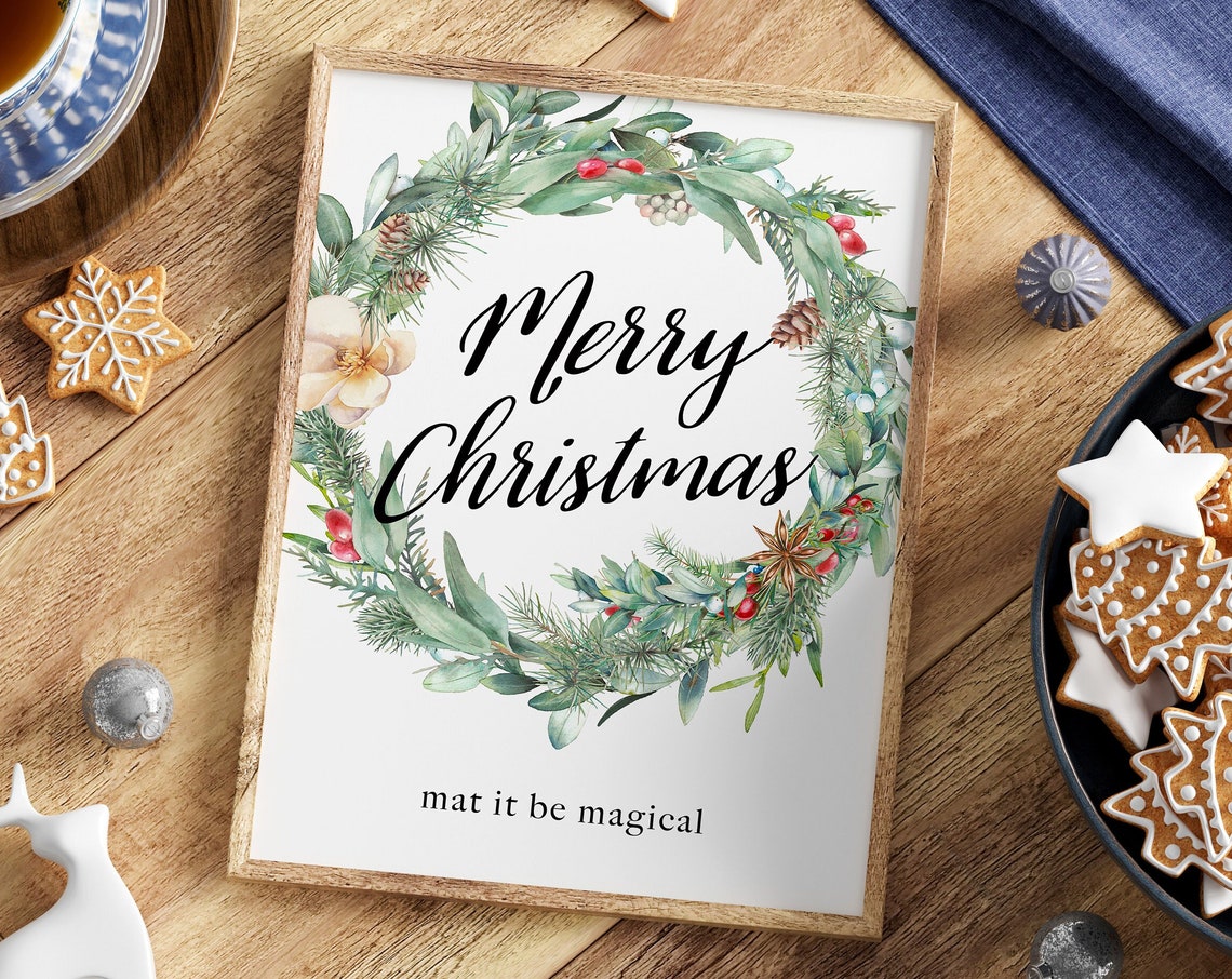 Merry Christmas Watercolor Wreath Botanical Holiday Script Poster
