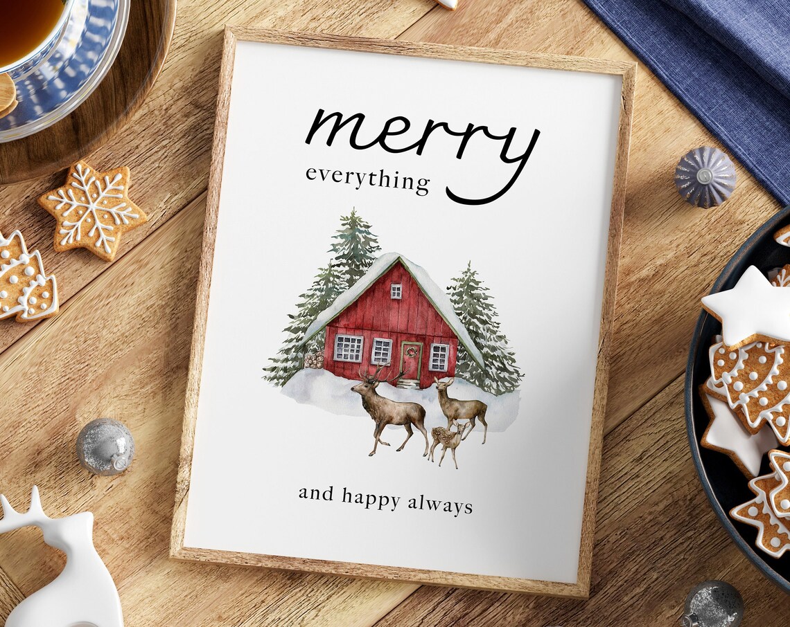 Merry Everything Red Barn Deer Watercolor Christmas Scene Poster
