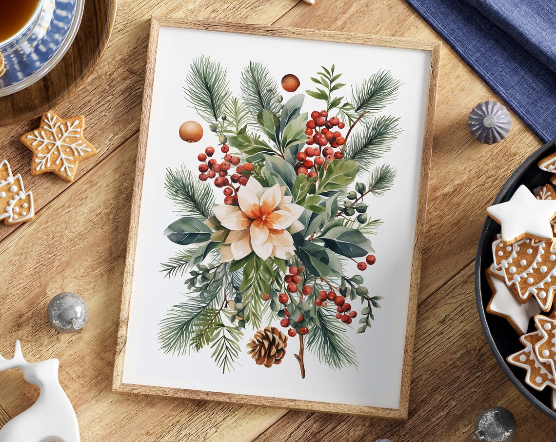 Winter Botanical Poinsettia Berries Watercolor Christmas Floral Poster