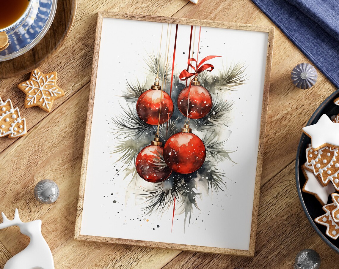 Red Christmas Baubles Watercolor Pine Branch Holiday Still Life Poster