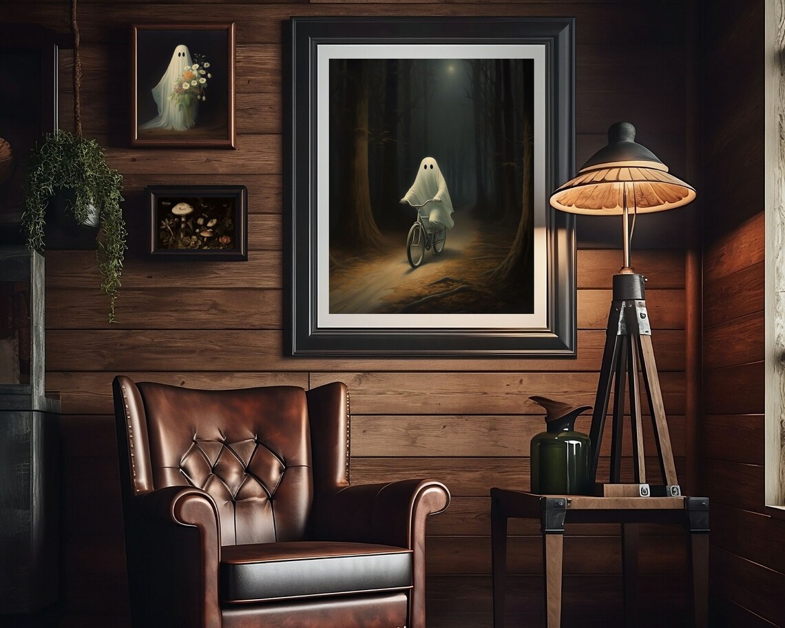 Cute Ghost Riding A Bike Through A Dark Moonlit Forest Art Print - Image 3