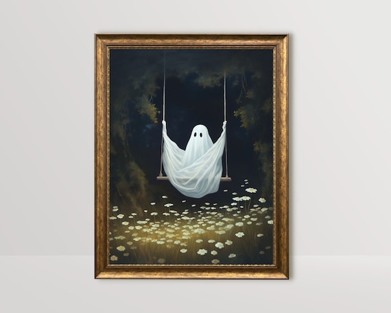 Ghost on Swing, Dark Cottagecore Spooky Art Print