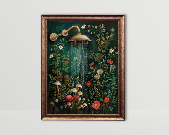 Cottagecore Mushrooms and Wildflowers Bathroom Art Print