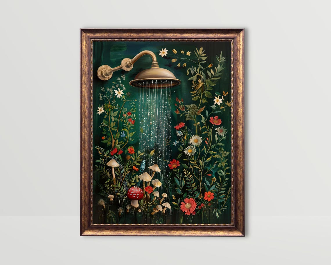 Cottagecore Mushrooms and Wildflowers Bathroom Art Print