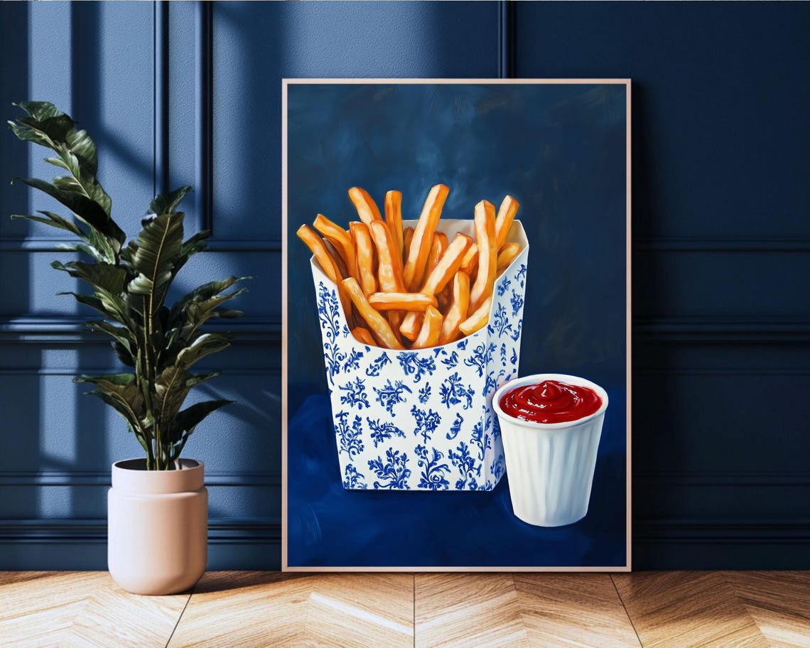 French Fries, Trendy Blue Retro Kitchen Art Print - Image 2