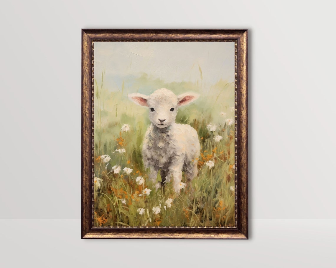 Vintage Lamb Oil-Painting-Style Art Print, Rustic Farmhouse