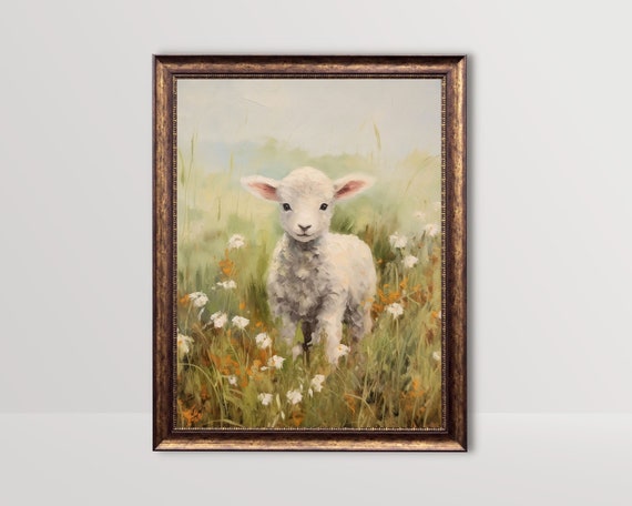Vintage Lamb Oil-Painting-Style Art Print, Rustic Farmhouse
