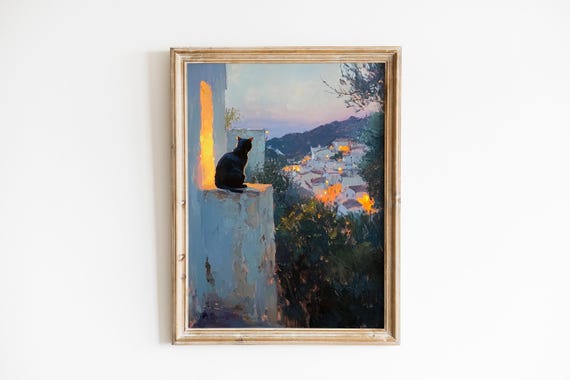 Moody Black Cat On Vintage Wall Twilight Village Scene Rustic Cottage Charm Cozy Evening Winter Landscape Art 1124