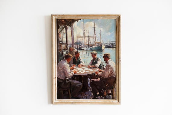 Vintage Nautical Wall Art Cozy Seaside Painting Rustic Dockworkers Scene Moody Harbor Decor 252