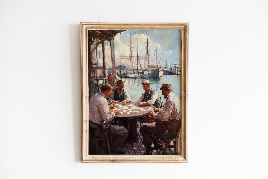 Men Playing Cards Harbor Dock Impressionist Oil Painting Wall Art