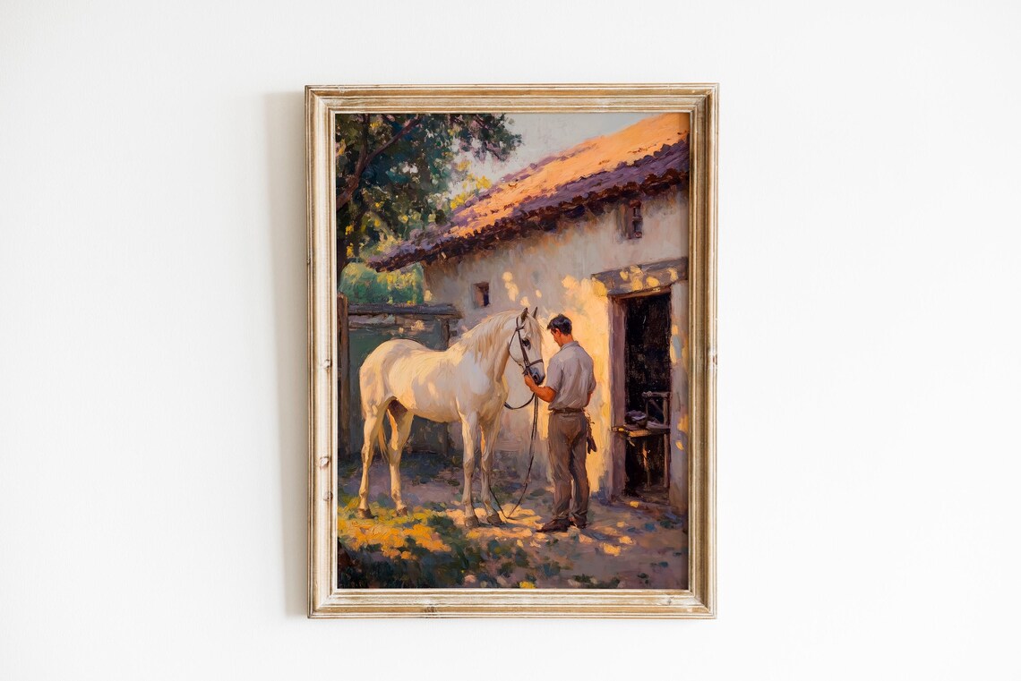 Farmer Grooming White Horse Farmhouse Golden Light Art Print
