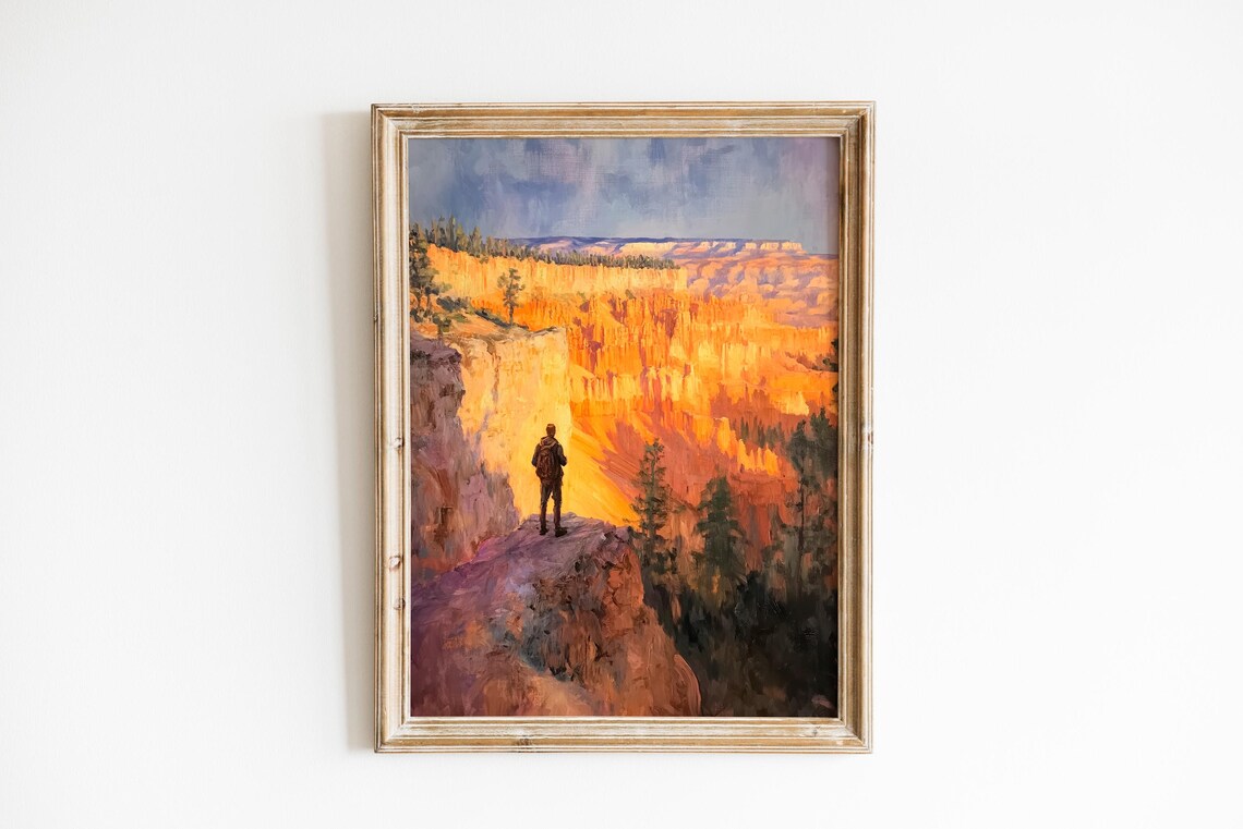 Bryce Canyon Hiker at Golden Hour Sunset Amphitheater Painting Poster