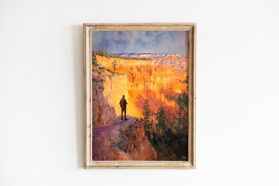 Bryce Canyon Hiker at Golden Hour Sunset Amphitheater Painting Poster