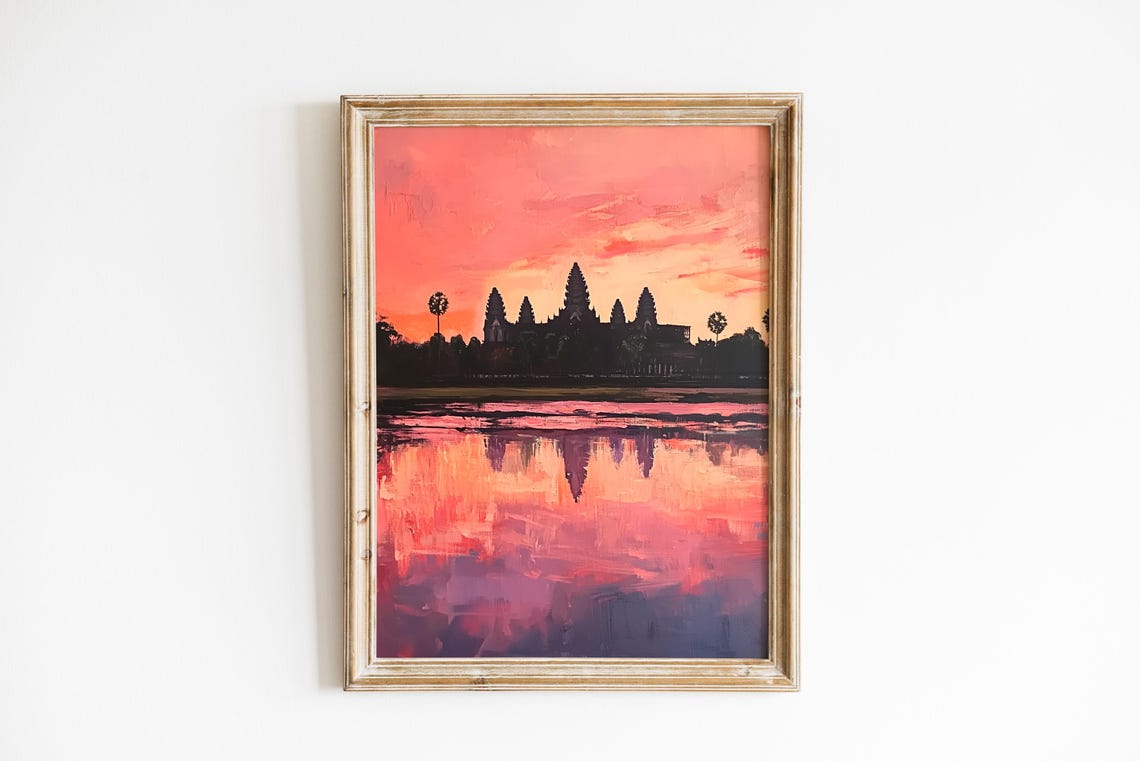 Angkor Wat Silhouette Pink Sunrise Temple Reflection Art Poster