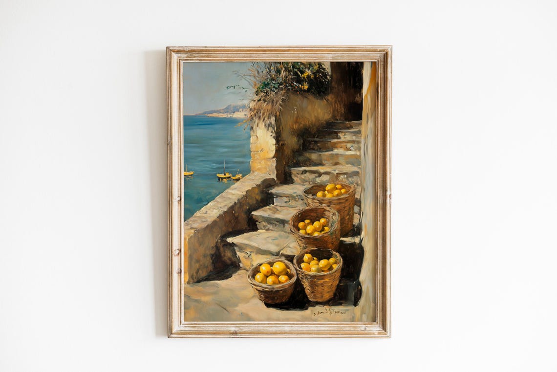 Lemon Baskets On Sunlit Stone Steps Mediterranean Coast Wall Art