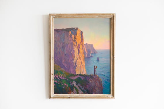 Moody Coastal Scene Wall Art Solitary Painter At Golden Hour Dramatic Cliffs Seaside Landscape 154