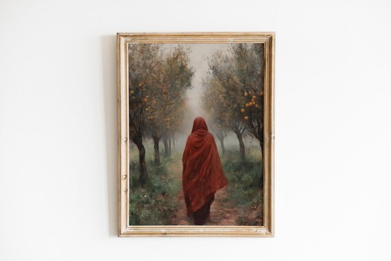 Moody Autumn Pathway Art Vintage Woman In Red Shawl Walking Contemplative Landscape Earthy Decor 520