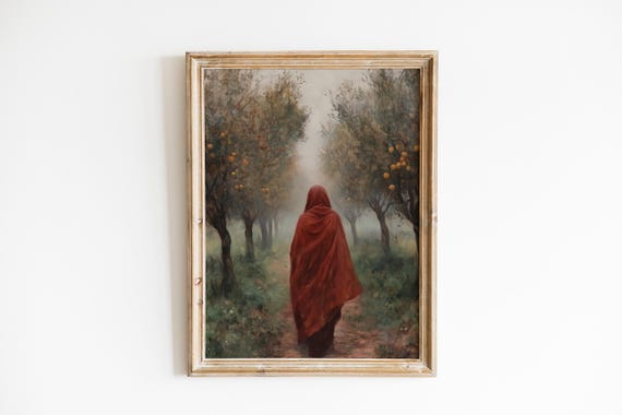 Woman in Red Shawl Misty Autumn Orchard Moody Vintage Poster