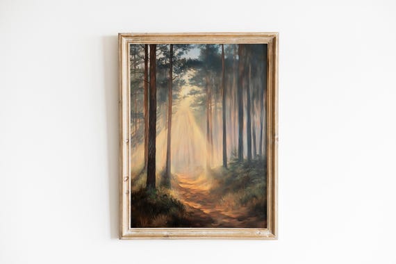 Moody Pine Forest Art Rustic Nature Landscape Sunlight Streaming Through Trees Atmosphere Decor 607
