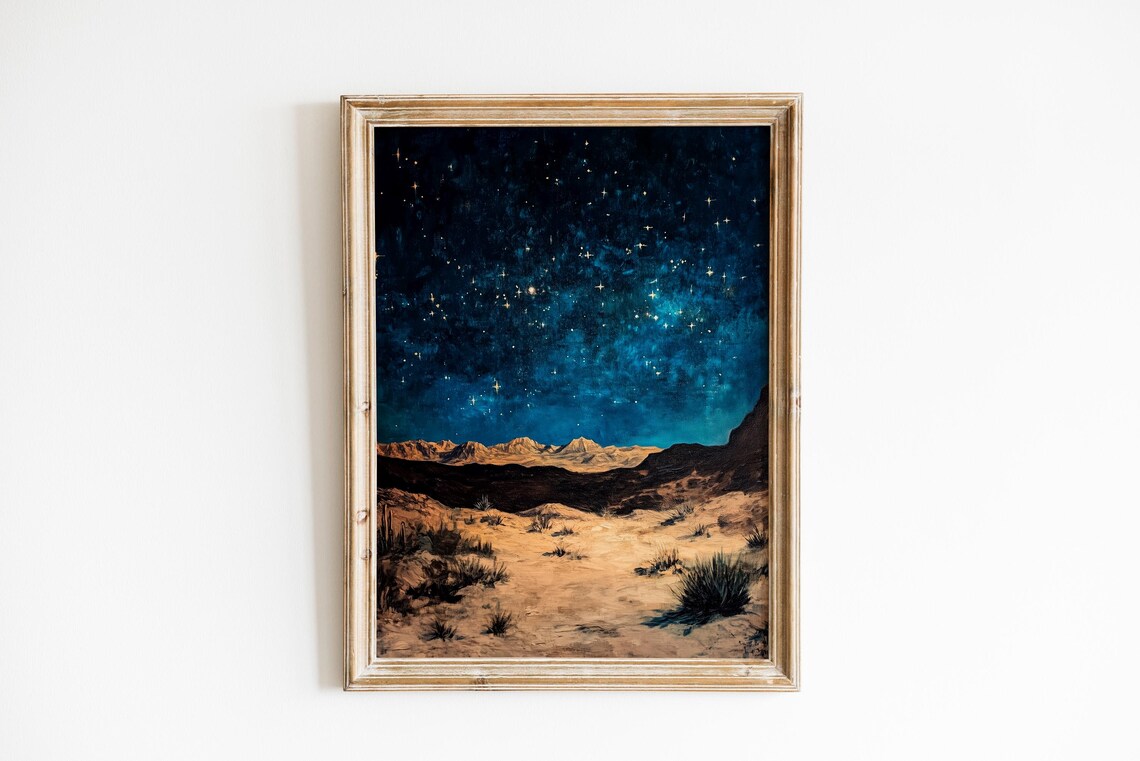 Starry Night Desert Dunes Golden Sand Blue Cosmic Sky Landscape Poster