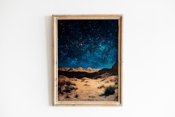 Moody Starry Night Desert Landscape Painting Celestial Wall Art Dramatic Nocturnal Sky Atmospheric 787