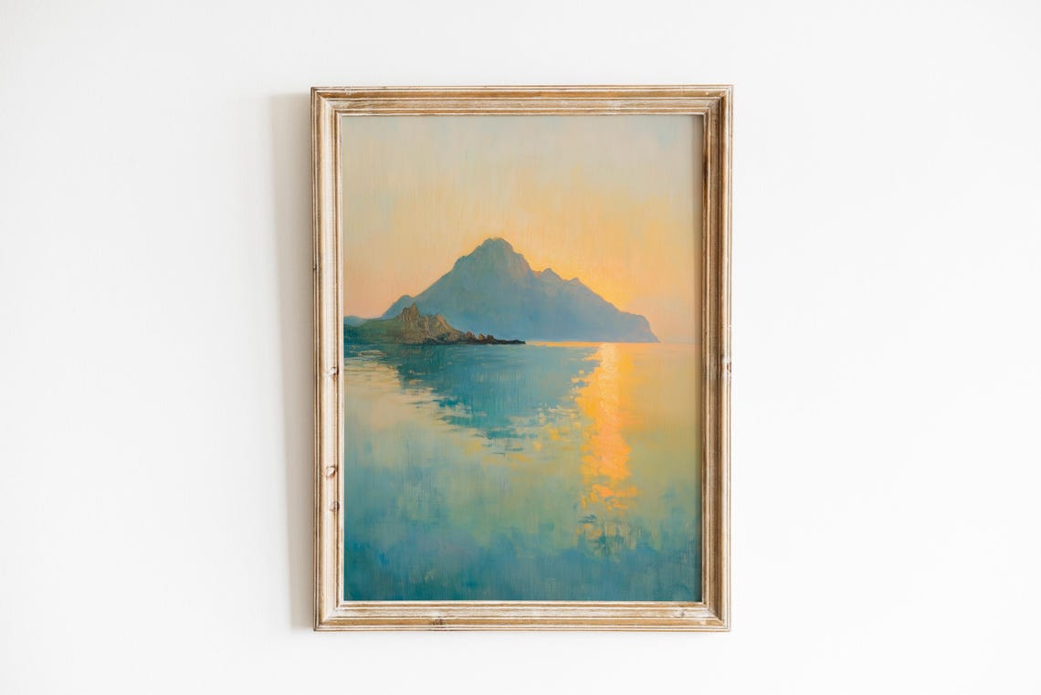 Solitary Island Peak At Sunrise Tranquil Minimalist Seascape Poster