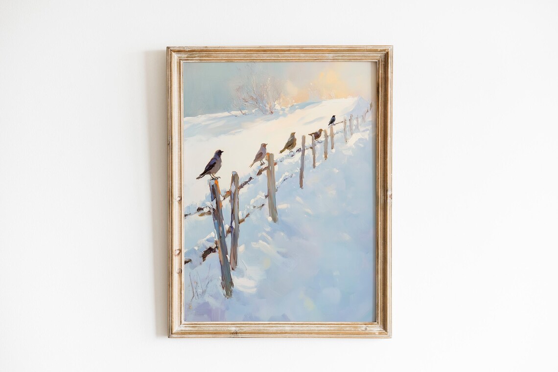 Winter Songbirds Perched On Snowy Fence Rustic Oil Painting Poster