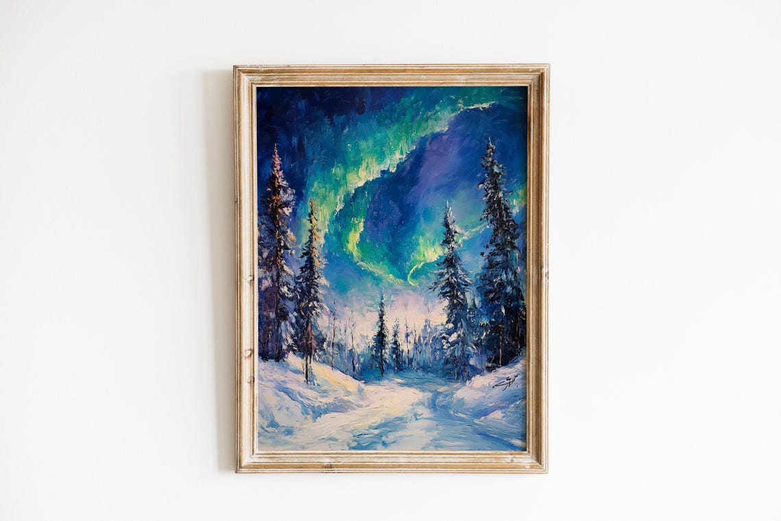 Moody Northern Lights Wall Art Winter Aurora Borealis Snowy Forest Landscape Cozy Painting Night Sky Scene 721