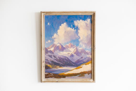 Dramatic Mountain Landscape Art Serene Oil Painting Of Snowcapped Peaks Moody Nature Decor Atmospheric 657