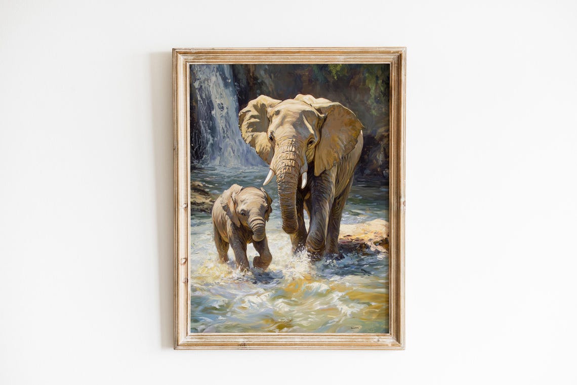 Mother Elephant and Calf Wading River by Waterfall Wildlife Wall Art