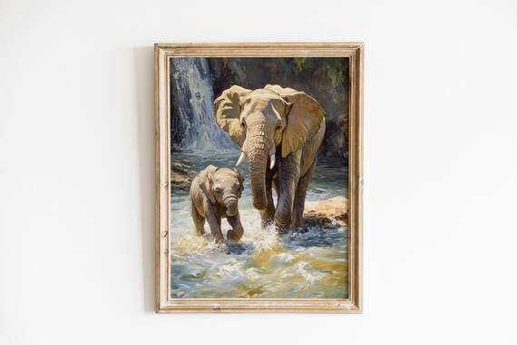 Majestic Elephant Family At Waterfall Serene Wildlife Art Rustic Safari Scene Earthy Neutrals Traditional Wall Decor 1174