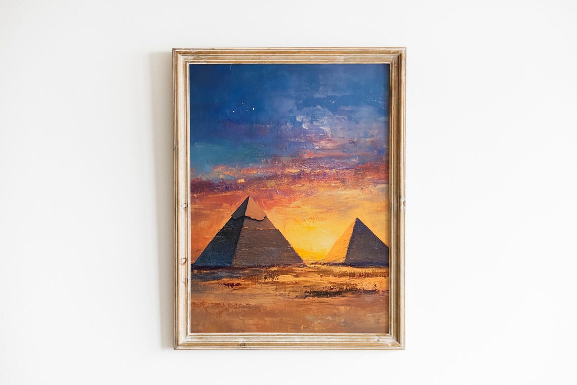 Ancient Egyptian Pyramids at Fiery Sunset Desert Landscape Wall Art