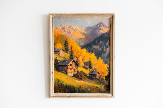 Rustic Wooden Cabins Autumn Mountain Oil Painting Cozy Lodge Art Poster