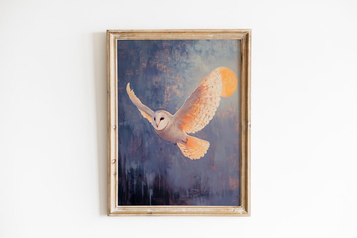 Barn Owl Flying at Dusk Golden Moon Moody Wildlife Painting Poster
