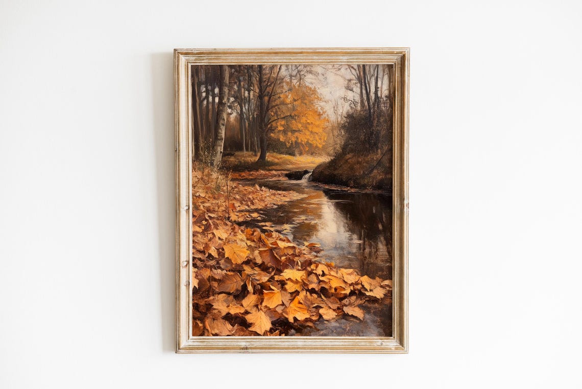Autumn Stream Golden Fallen Leaves Forest Moody Oil Painting Poster